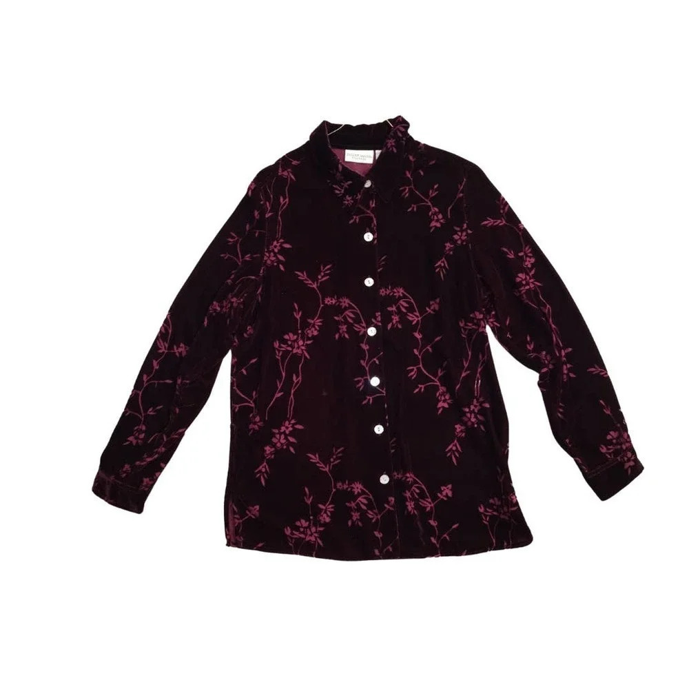 Velvet Burnout Blouse Y2K Floral Cut Out Shirt Long Sleeve Button Up Top/M